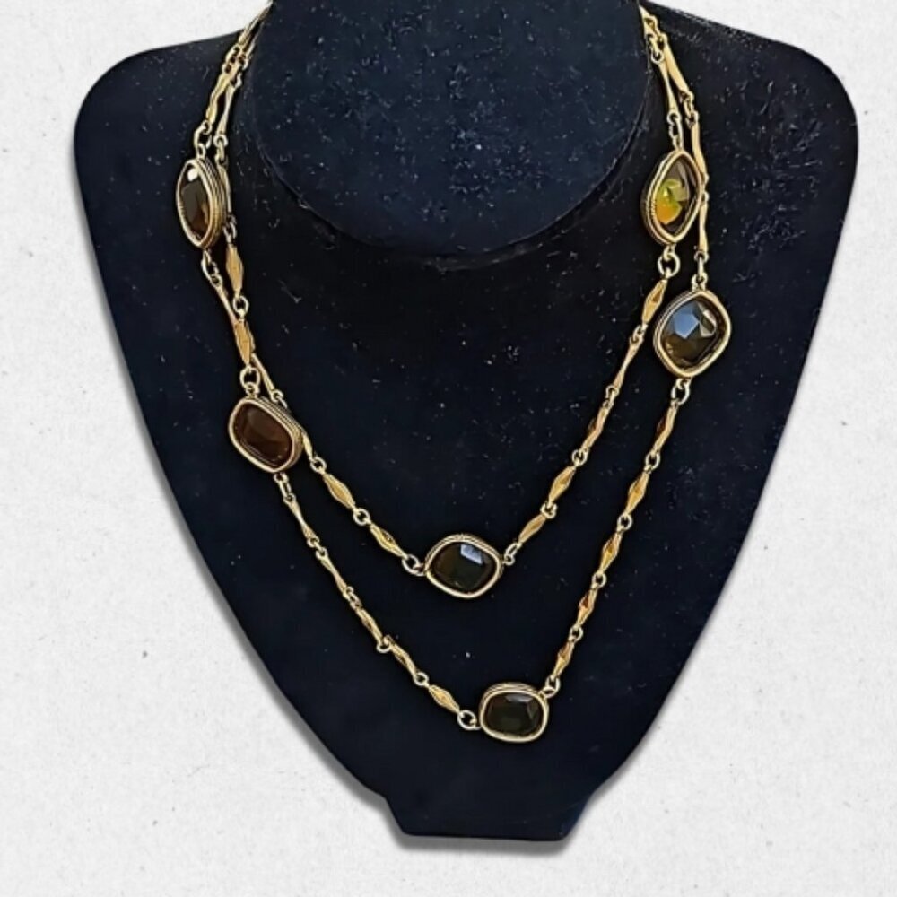 Vintage Glass Stones Layered Necklace Gold Tone Chain Slip On Olive Green W OS